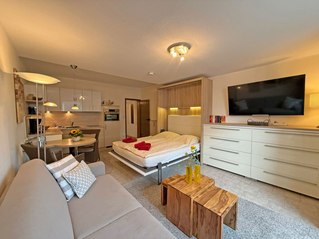 Wohnzimmer mit aufgeklapptem Bett